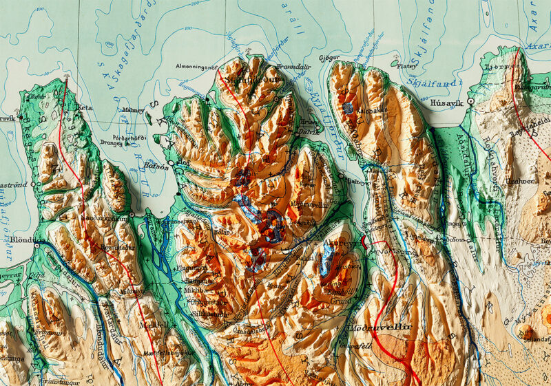 Iceland Shaded Relief map detail