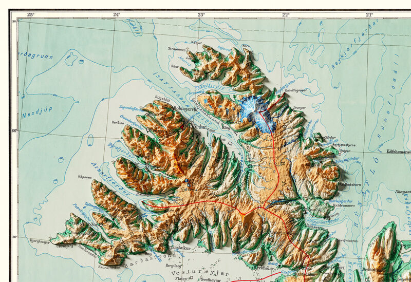 Iceland Shaded Relief map detail