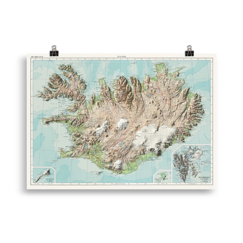 Shaded relief map of Iceland, Svalbard, Jan Mayen and Björnoya