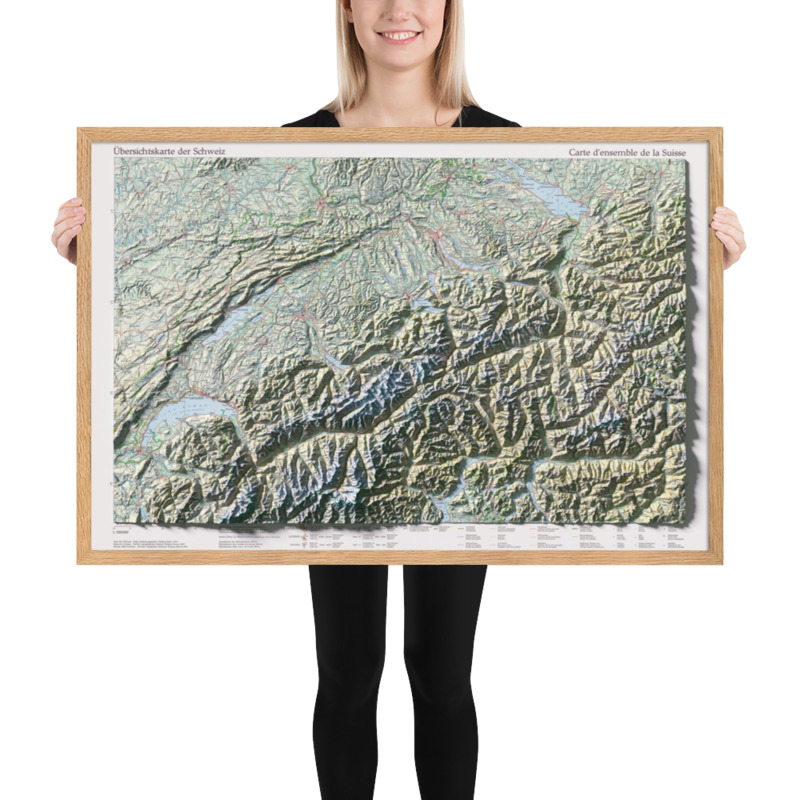 Switzerland - shaded relief map framed in oak wooden frame